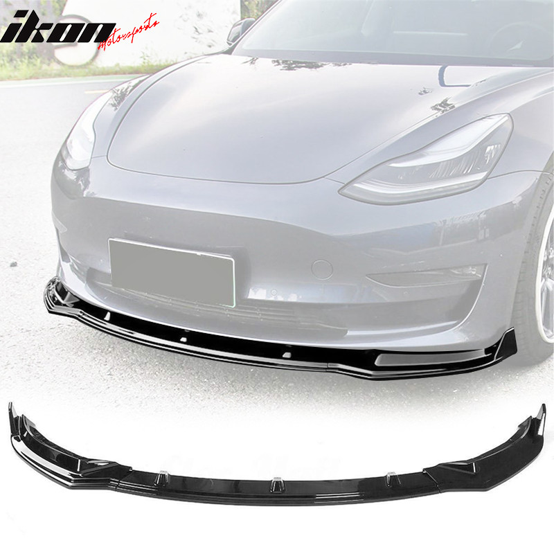 Fits 17-23 Tesla Model 3 Front Bumper Lip Spoiler Splitter 3PC PP Gloss Black