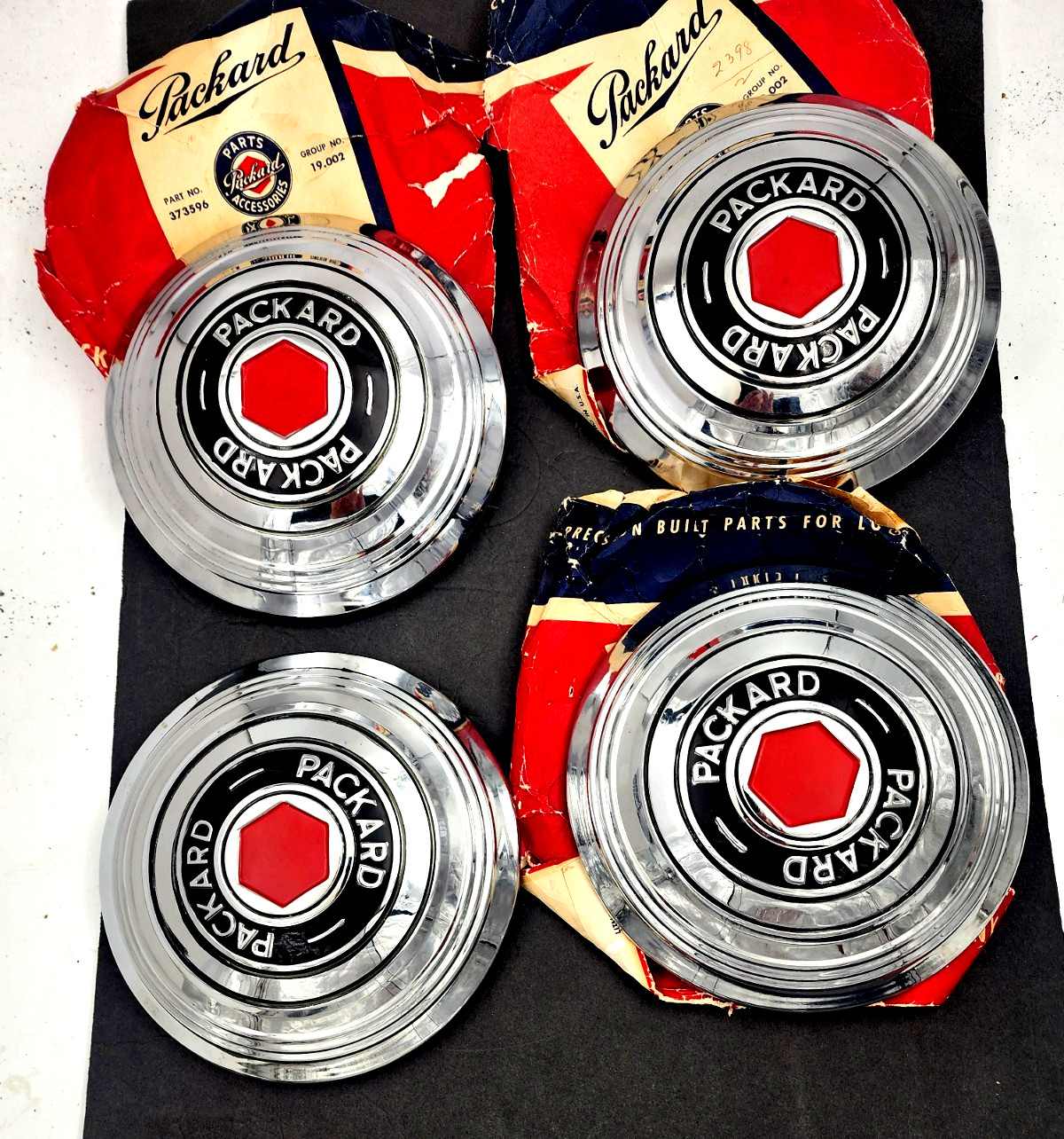 4- 1939-1940 Original PACKARD Hub Caps New Car Take-offs in Original Packaging