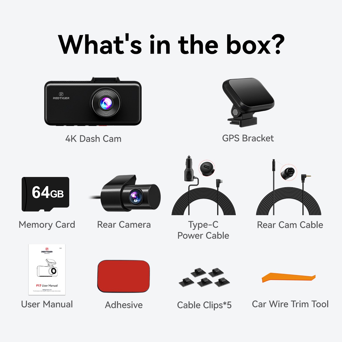 REDTIGER F17 4K Dash Cam 3 Channel Front and Rear Inside 64GB SD Card 5G WiFi