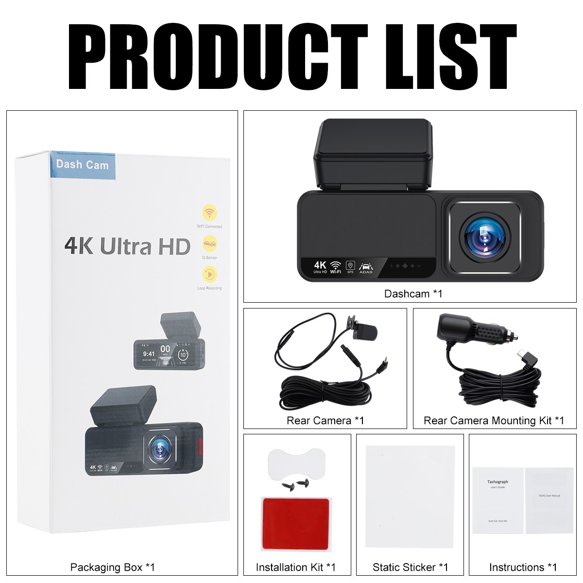 Dash Camera 4K Front Rear Dash Cam Built-In WiFi & GPS App control Night Vision_