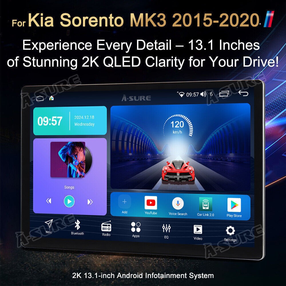 8 Core 13.1″ 2K Android 14.0 Car Radio +4G LTE CarPlay For Kia Sorento 2015-2020