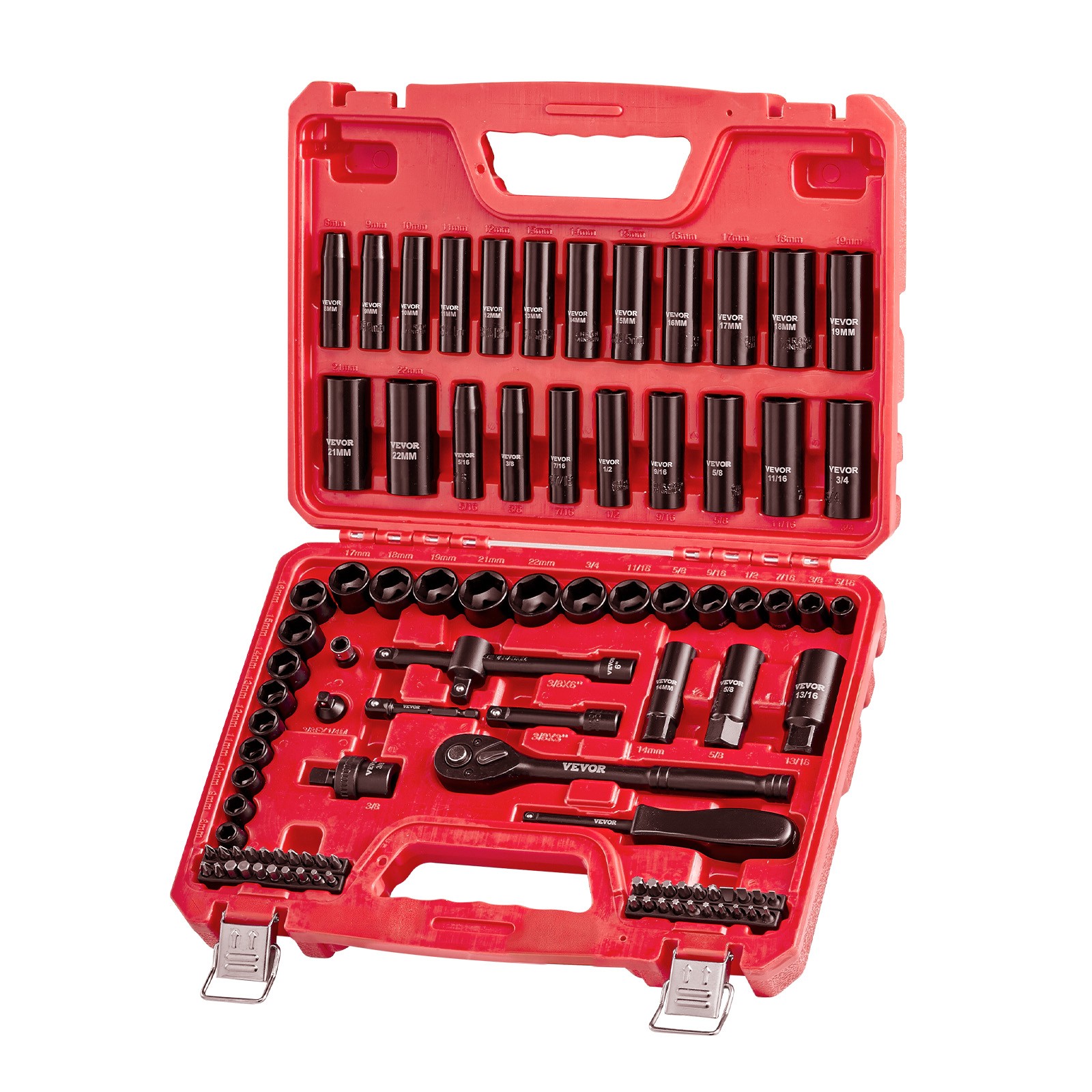 VEVOR 3/8 in Drive Impact Socket Set 96 Piece SAE 5/16 to 3/4 in Metric 8-22 mm