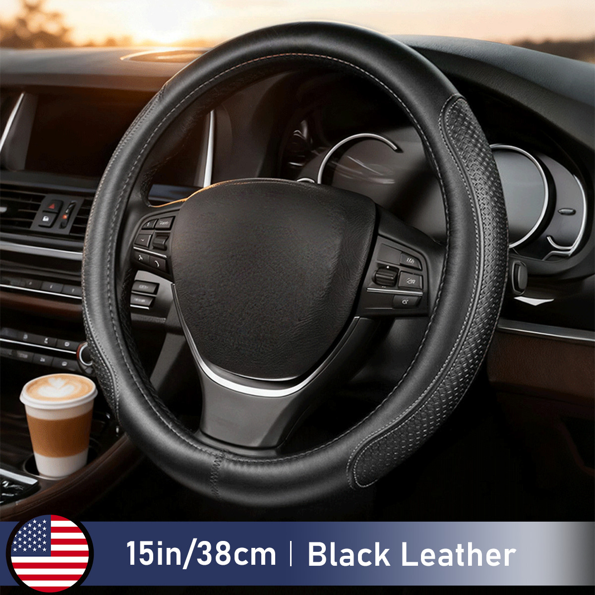 Black Cowhide Leather Car Steering Wheel Cover For GMC Sierra Round 15in/38cm