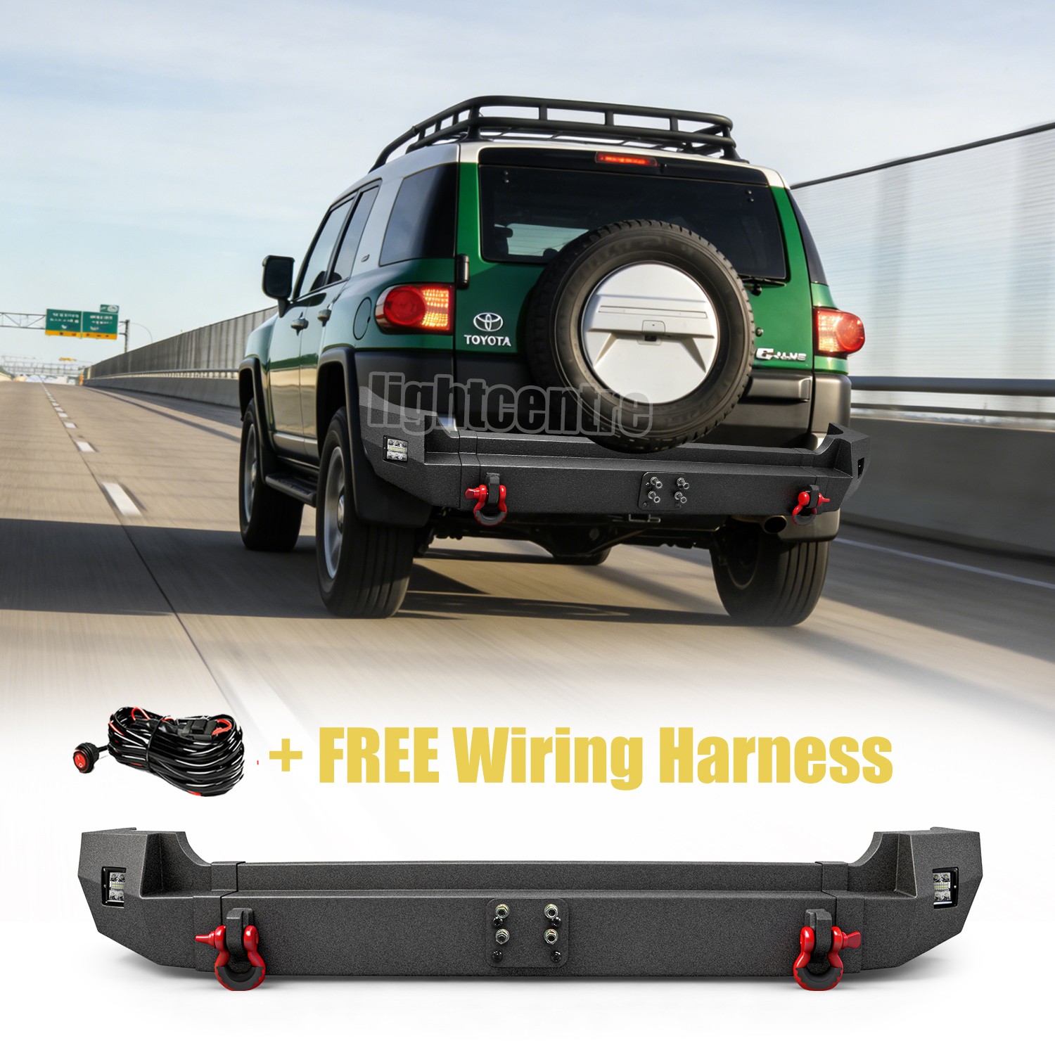 For 2007-2014 Toyota FJ Cruiser Powder Coated Black Rear Bumper w/ LED Lights