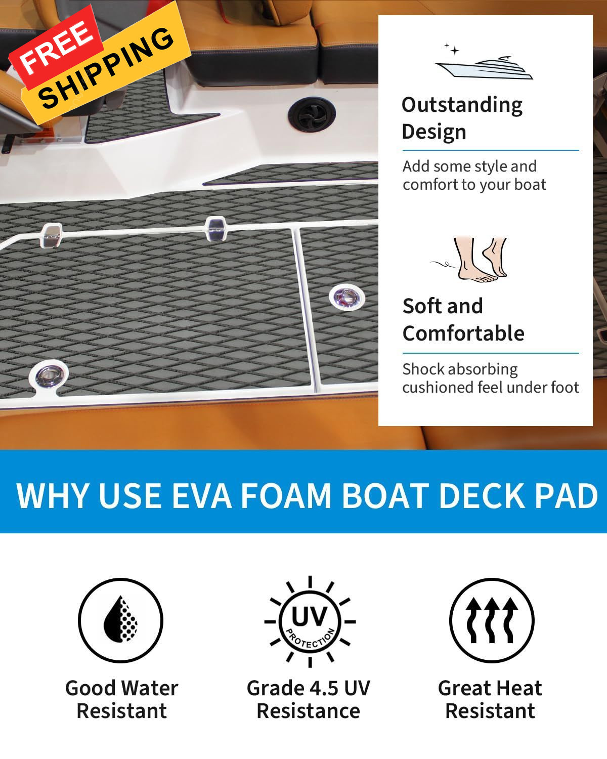 OCEANBROAD Self-Adhesive 48”x16” Boat Flooring Non-Slip 48”L x 16”W, Gray