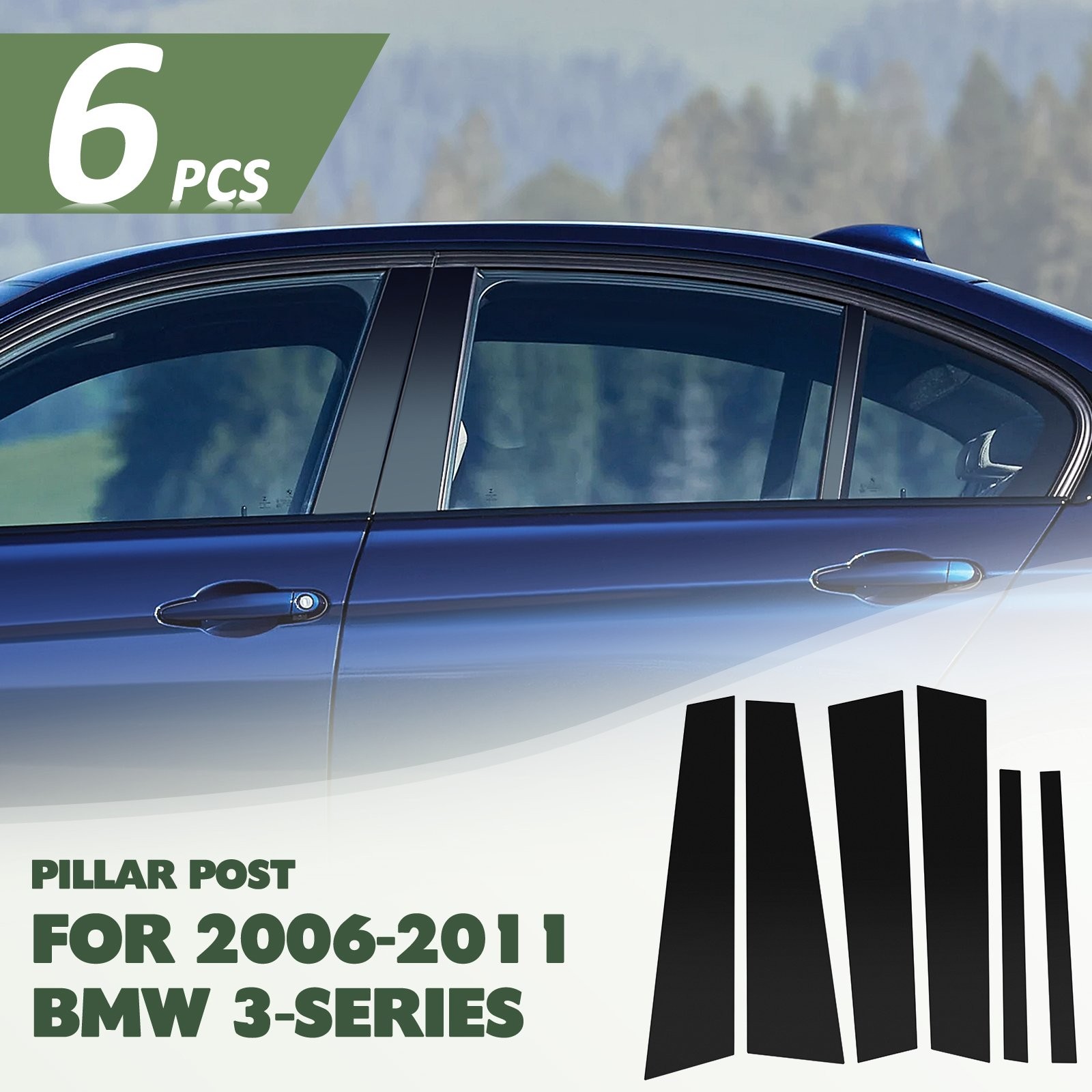 Door Trim 6 Pieces Set Pillar Posts Fits BMW 3-Series 2006-11 Glossy Piano Black