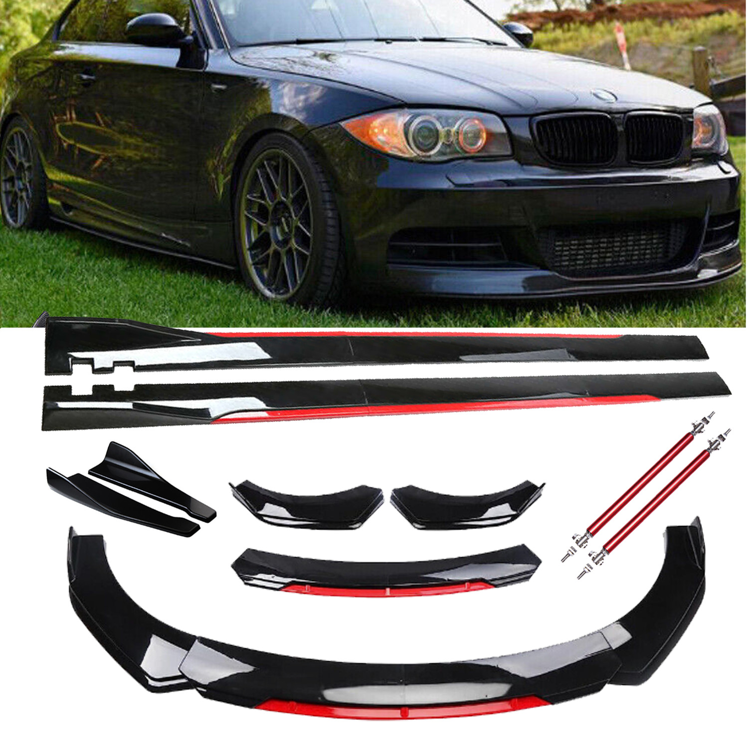 Front Bumper Lip Spoiler Splitter Glossy Black Red For 07-13 BMW 1 Series Body K