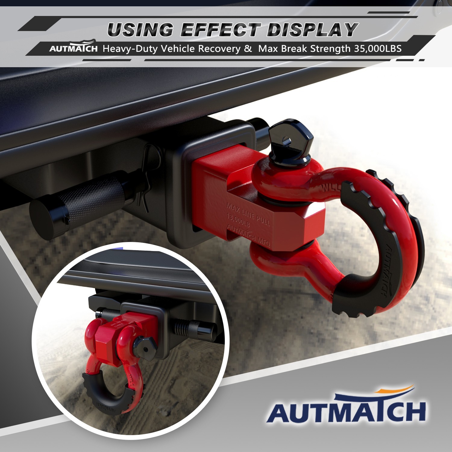 AUTMATCH 2″ Shackle Hitch Receiver & D Ring Shackle Off-Road Recovery, Red
