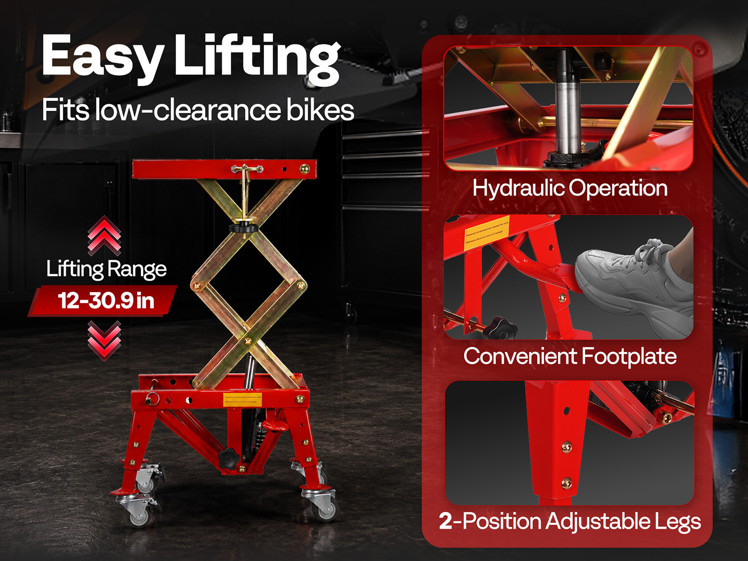 350lbs Hydraulic Motorcycle Lift Table ATV Dirt Bike Scissor Jack Stand 4 Wheels