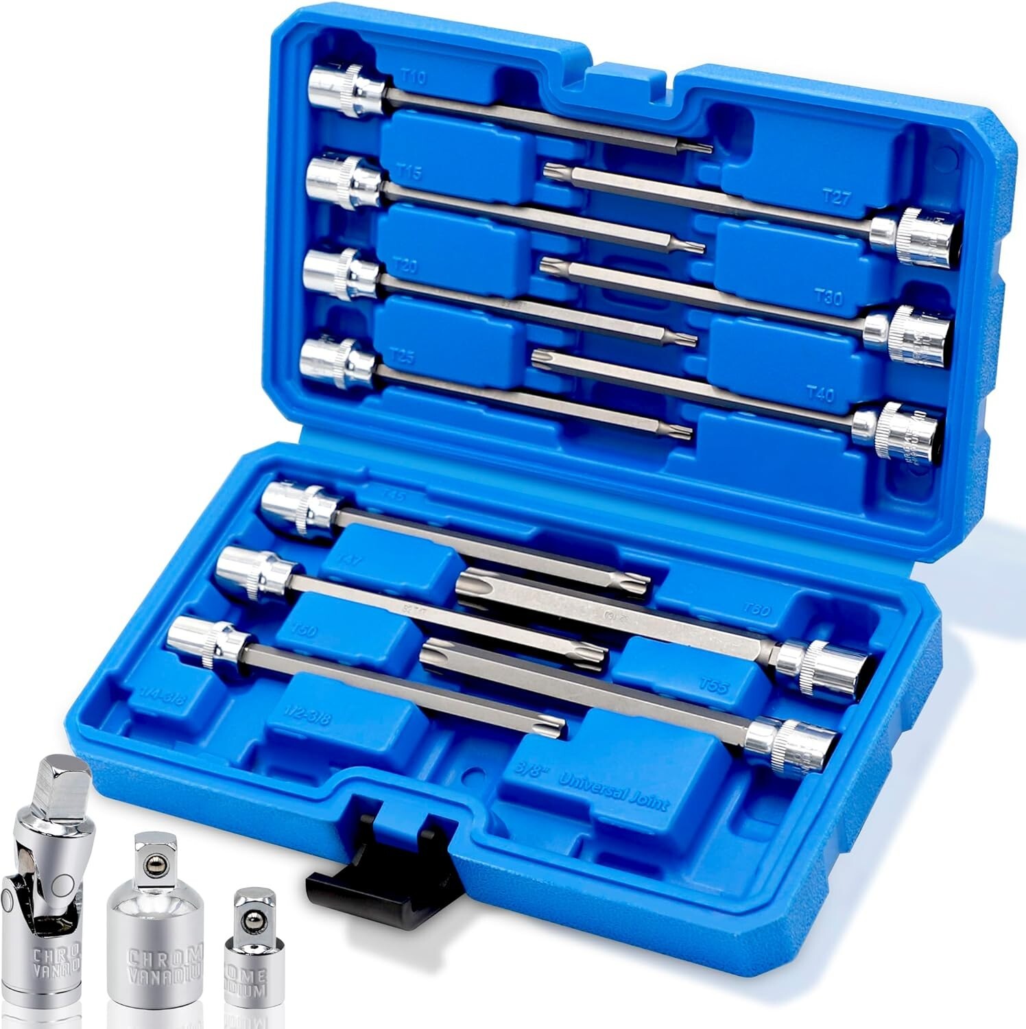 15 PCS 3/8″ Drive Extra Long Torx Bit Socket Set, T10-T60 Star Bit Socket Set
