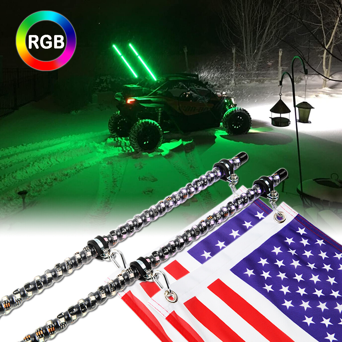 2x 3FT LED RGB Spiral Chasing Whip Lights Antenna + Flag For Can-Am Maverick X3