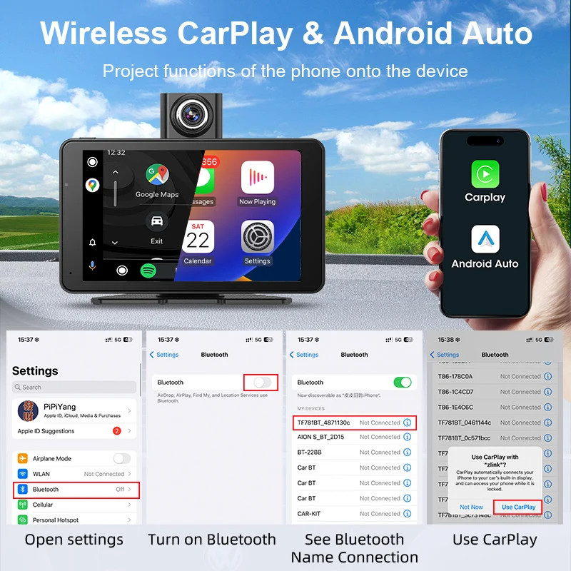7″ Dash Cam 2.5K DVR Rearview Camera Wireless Carplay&Android GPS Navigation
