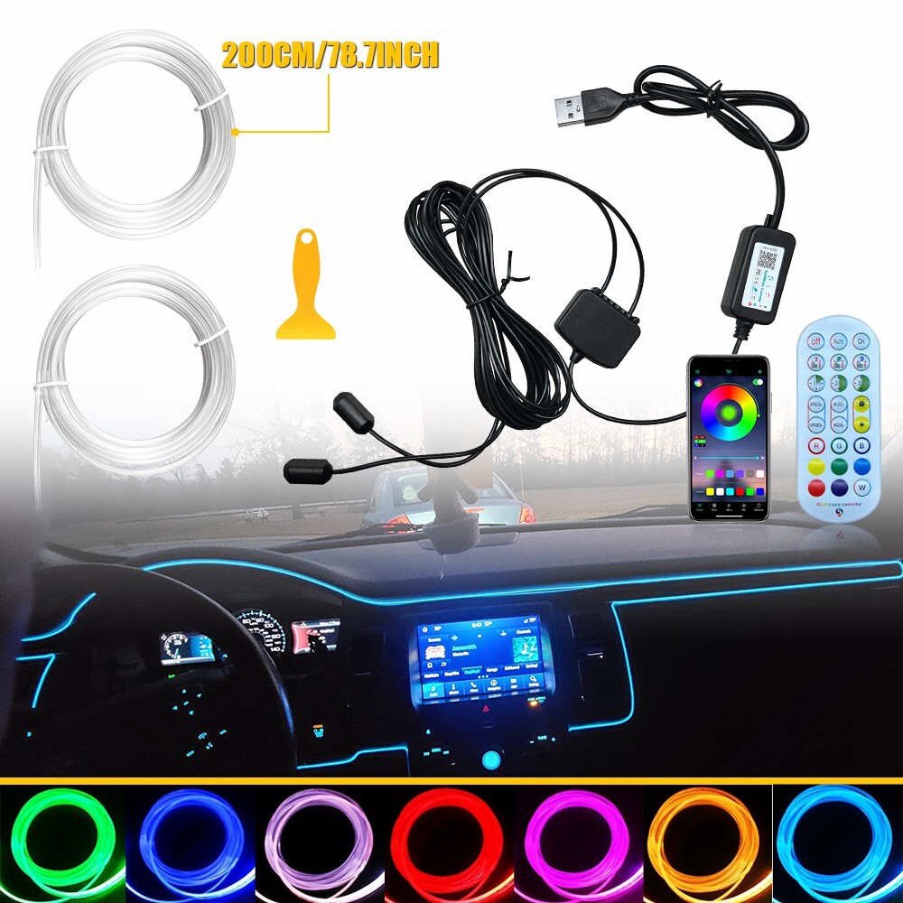 Car Interior Ambient Lighting APP Neon LED Light Trim Glow Optic Fiber Strip H