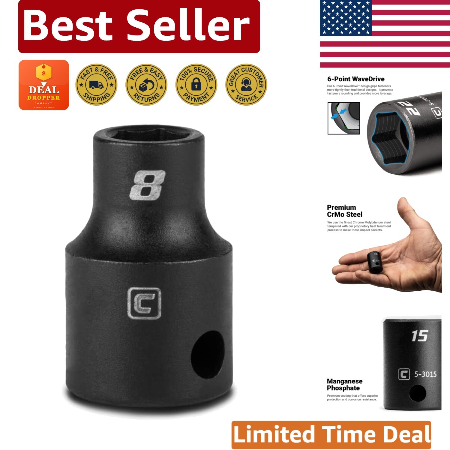 Professional 8 mm Impact Socket – 3/8 Drive, Manganese Phosphate Coated