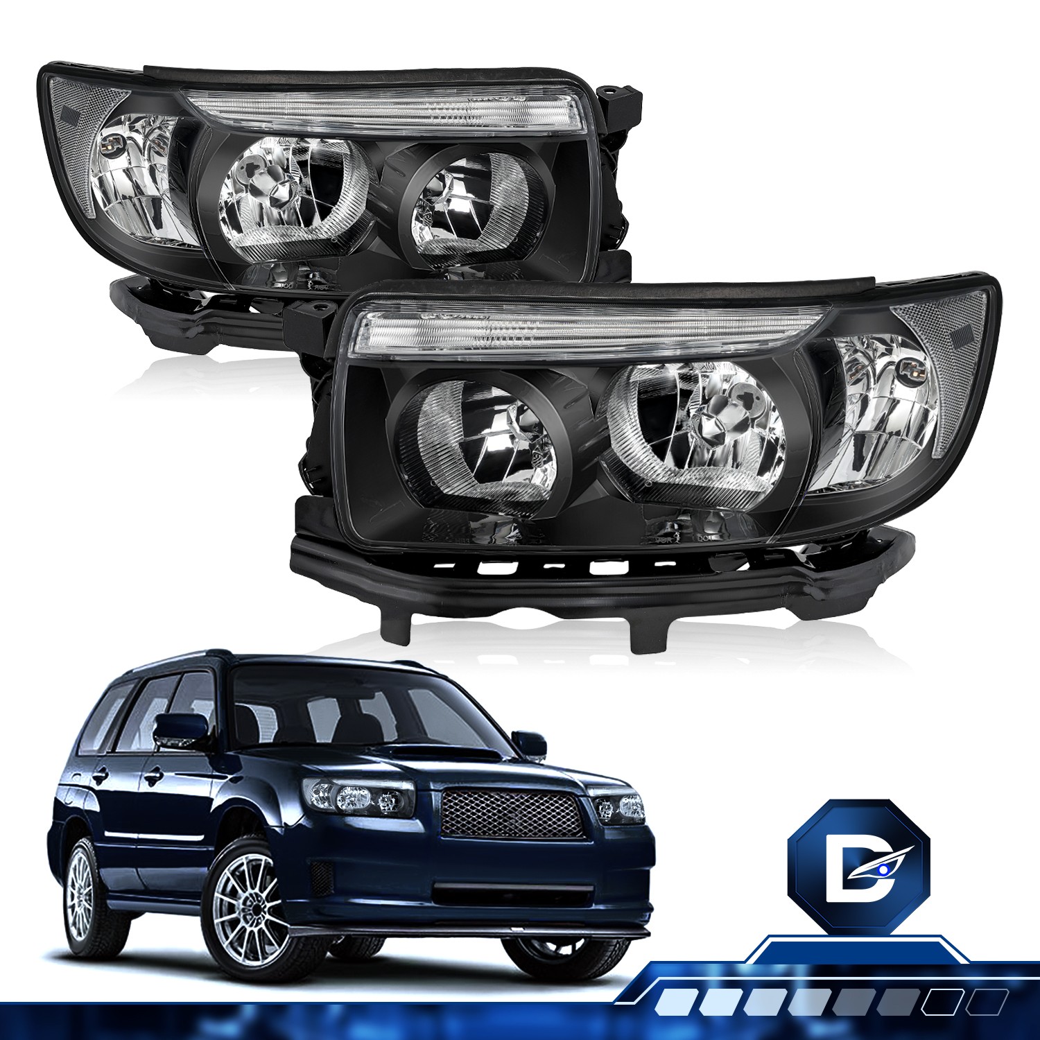 For 2006 2007 2008 Subaru Forester Black Clear Headlight Assembly Left+Right Set