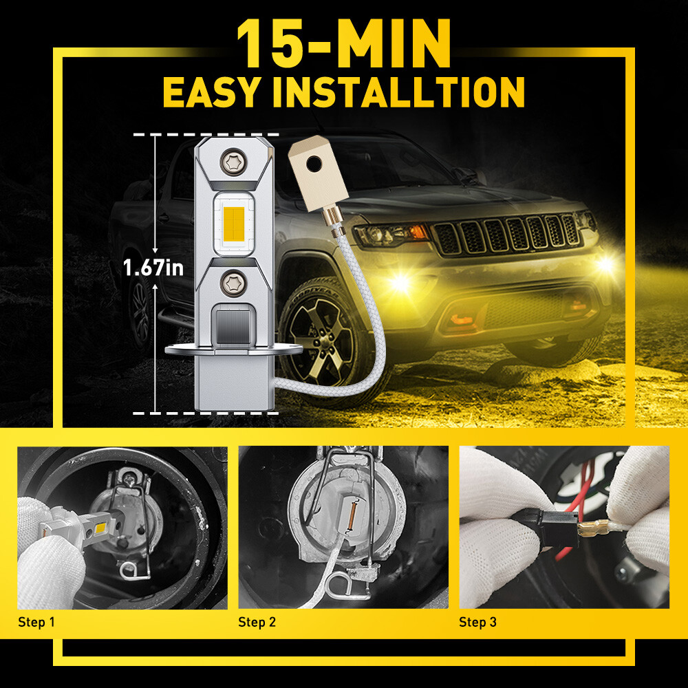 Mini Size H3 LED Fog Light Bulb Conversion Kit Super Bright YELLOW DRL 3000K USA