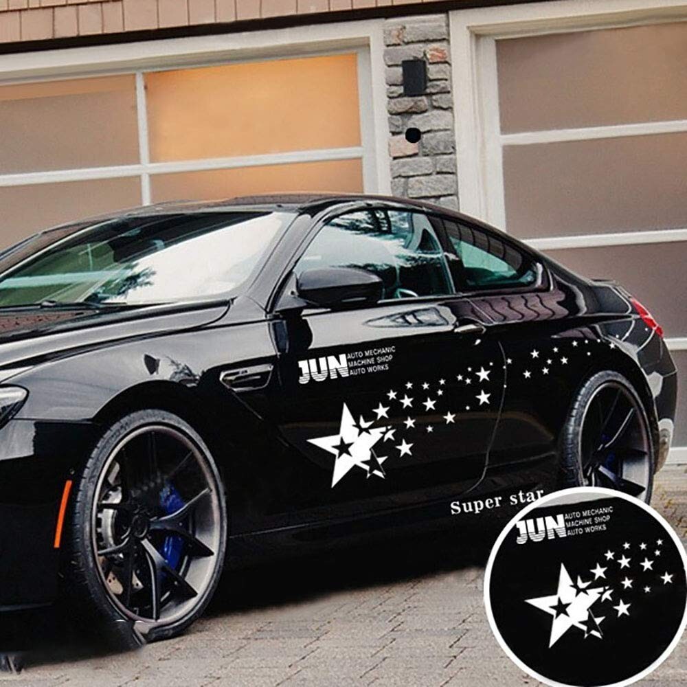 2 Pcs White Long Racing Stripes Vinyl Decal Sticker Star Graphics Car Side Body