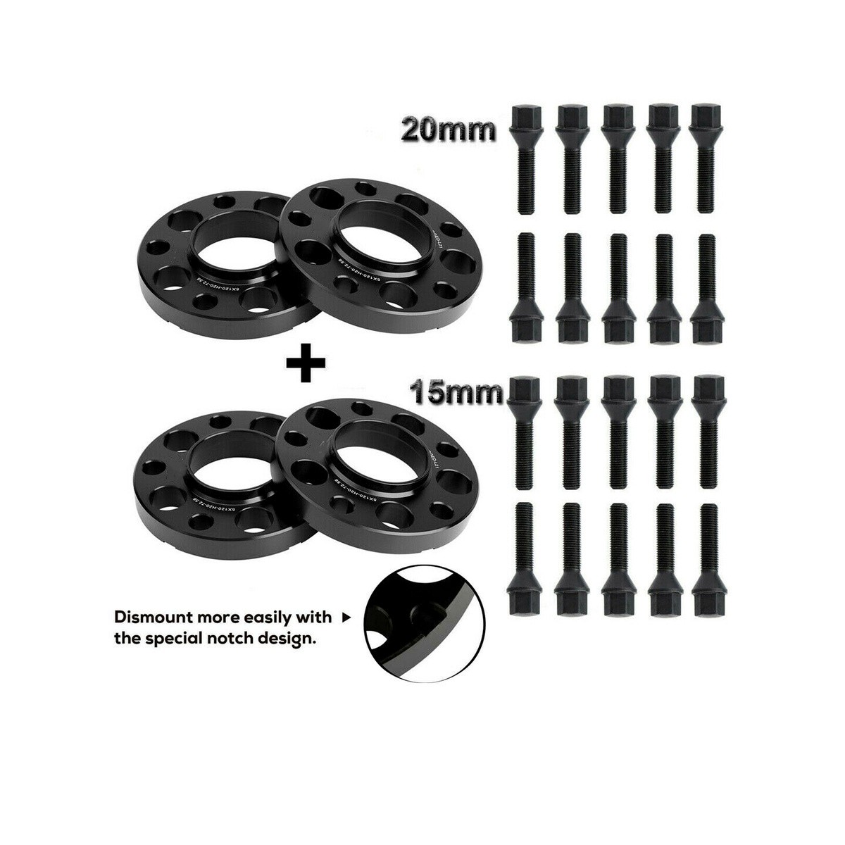 5×120 Wheel Spacers 15mm 20mm Mix Kit 72.56mm Center Bore Notch Design