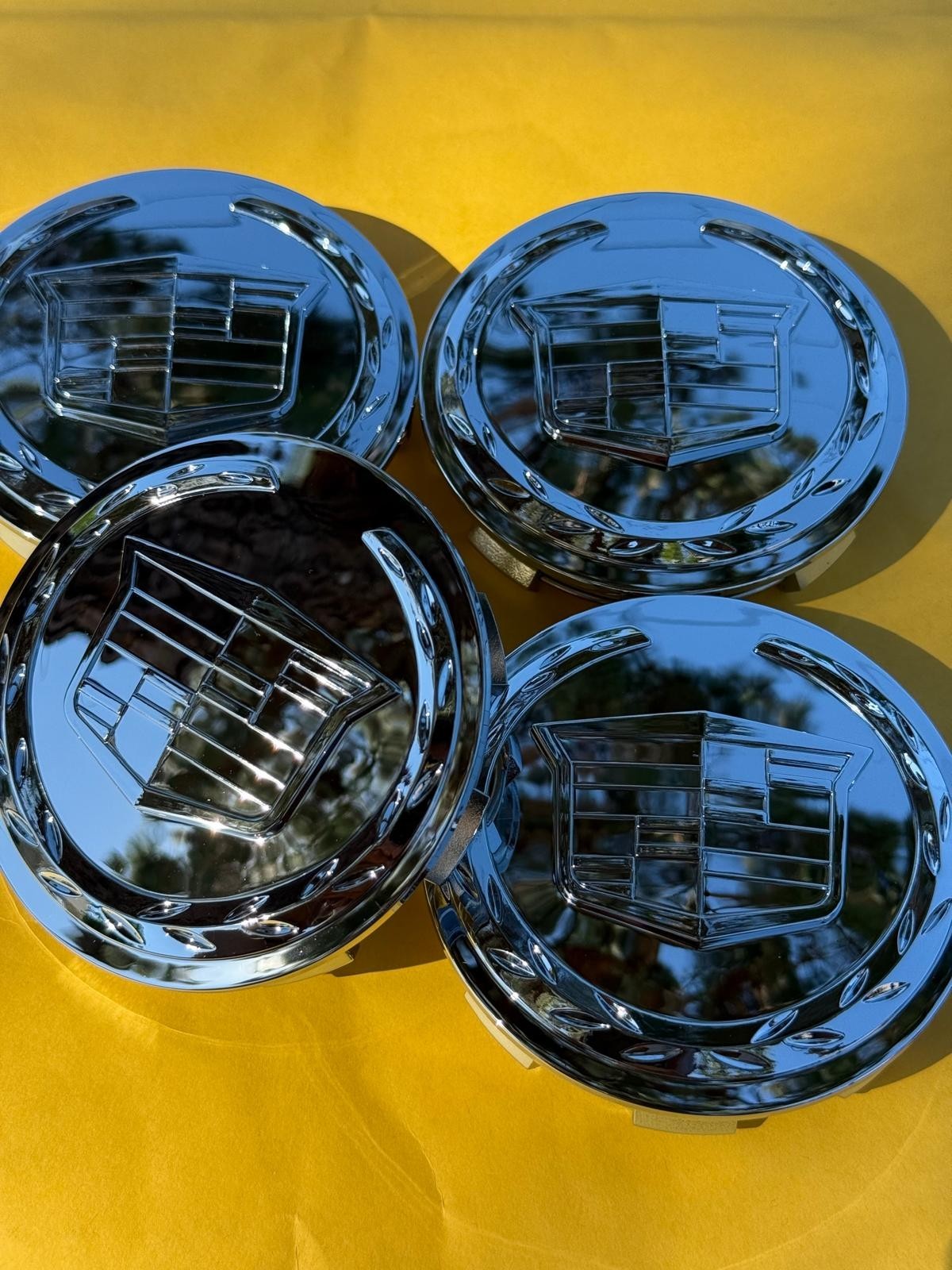 4 X Cadillac FULL Chrome Center Caps 83MM, Satisfaction Guaranteed!