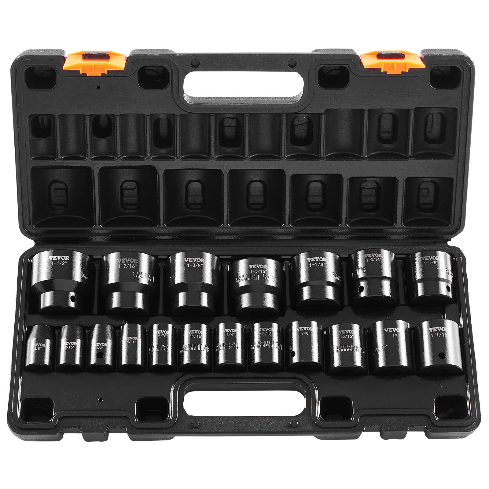 Impact Socket Set 1/2 Inches 19 PCS, 3/8” to 1-1/2” SAE 6-Point Hex Sockets
