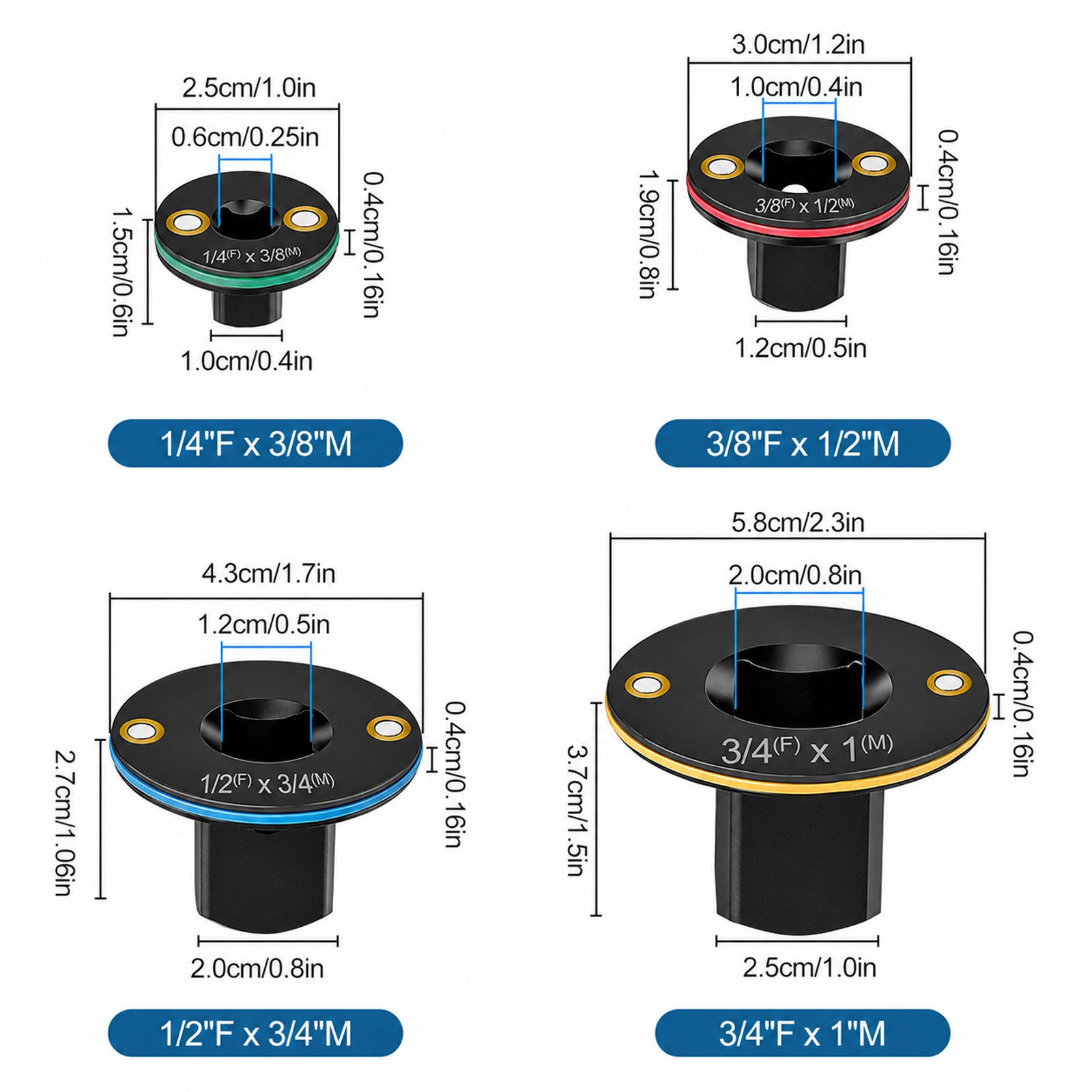 4x Impact Socket Adapter Set Low Profile Drive Reducer 1/4 to 1″ Ratchet Adapter