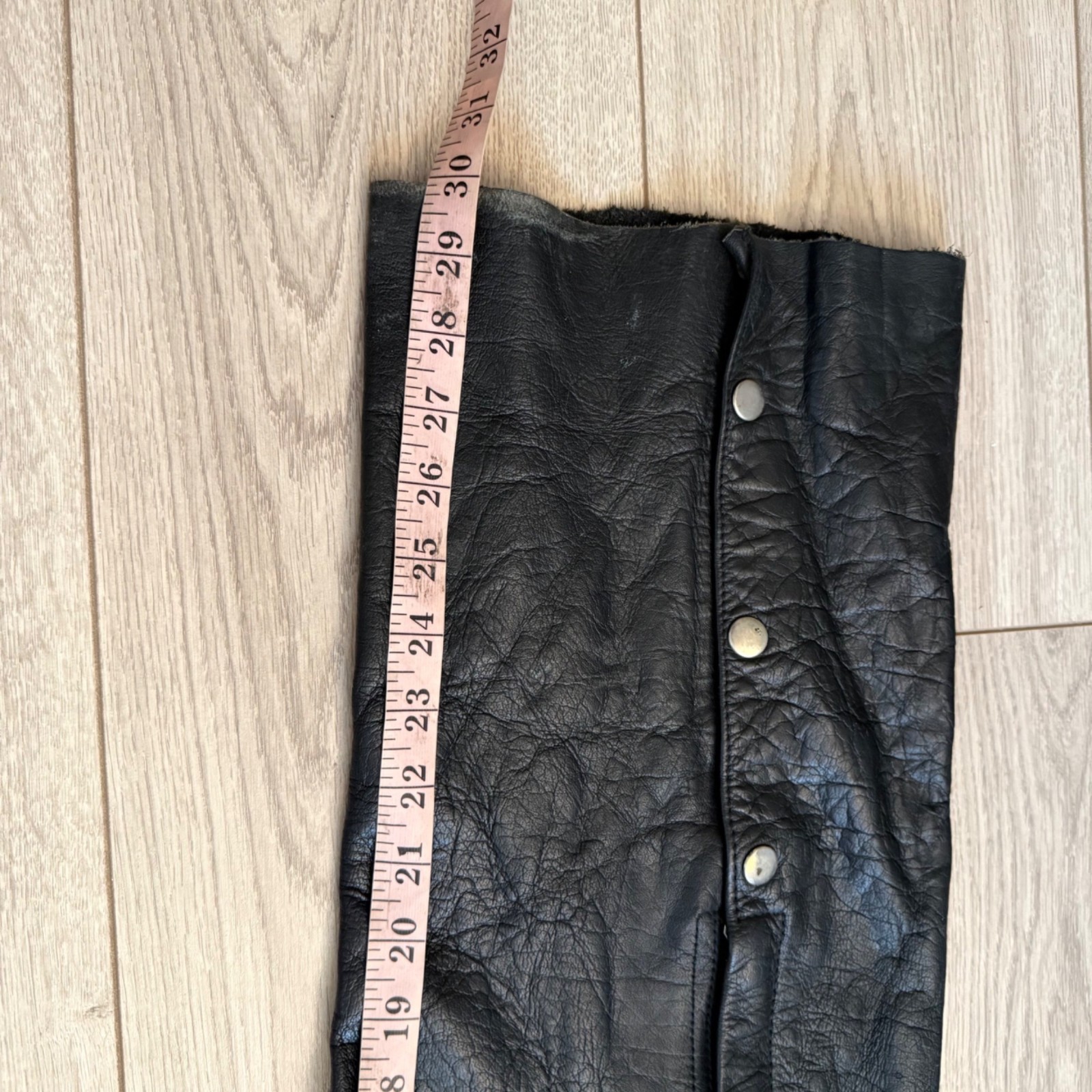 Black Leather Motorcycle Chaps With Adjustable Waist & Snap Closure