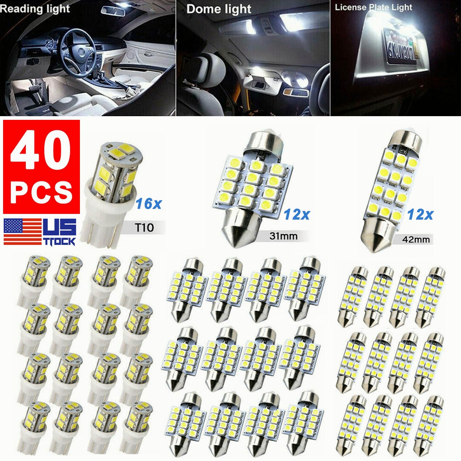 40 PIECES 6500K LED INTERIOR LIGHTS BULBS CAR TRUNK DOME LICENSE PLATE LAMPS KIT