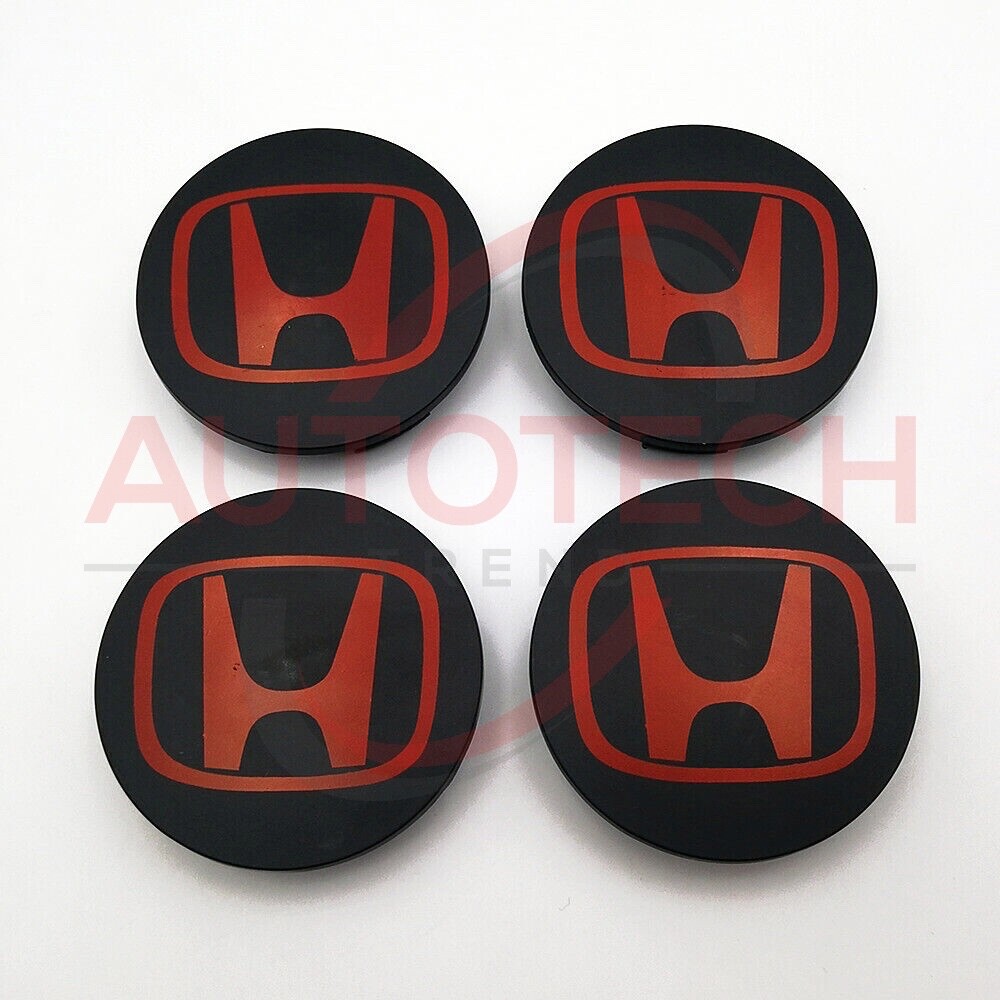 Black/Red HONDA Set Of 4 Wheel Center Caps 69MM