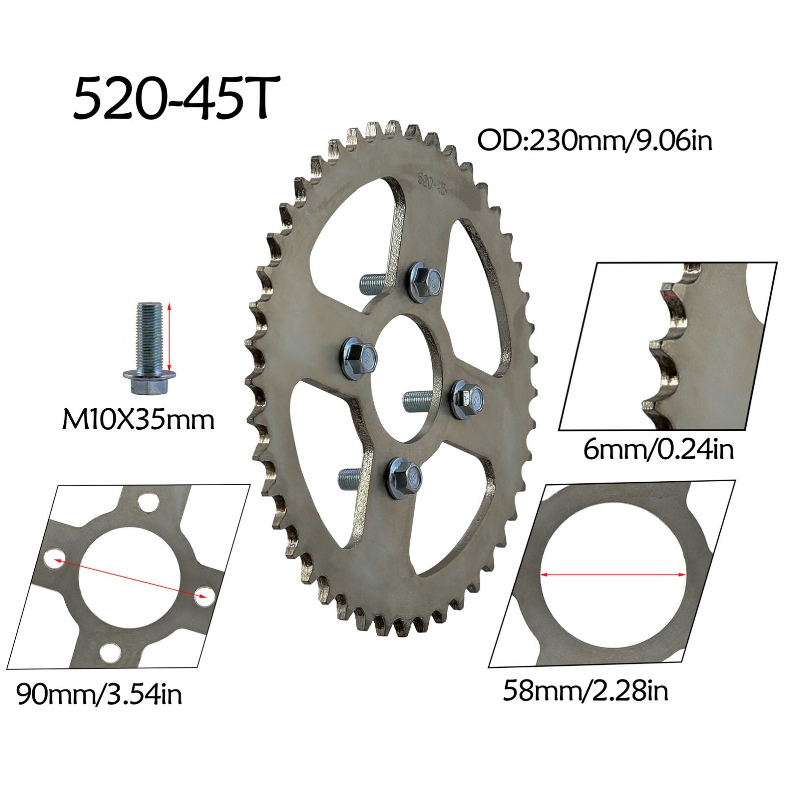 520 Chain Rear Sprocket 58mm 45 Tooth for Dirt Pit Bike ATV Go Kart Quad Buggy