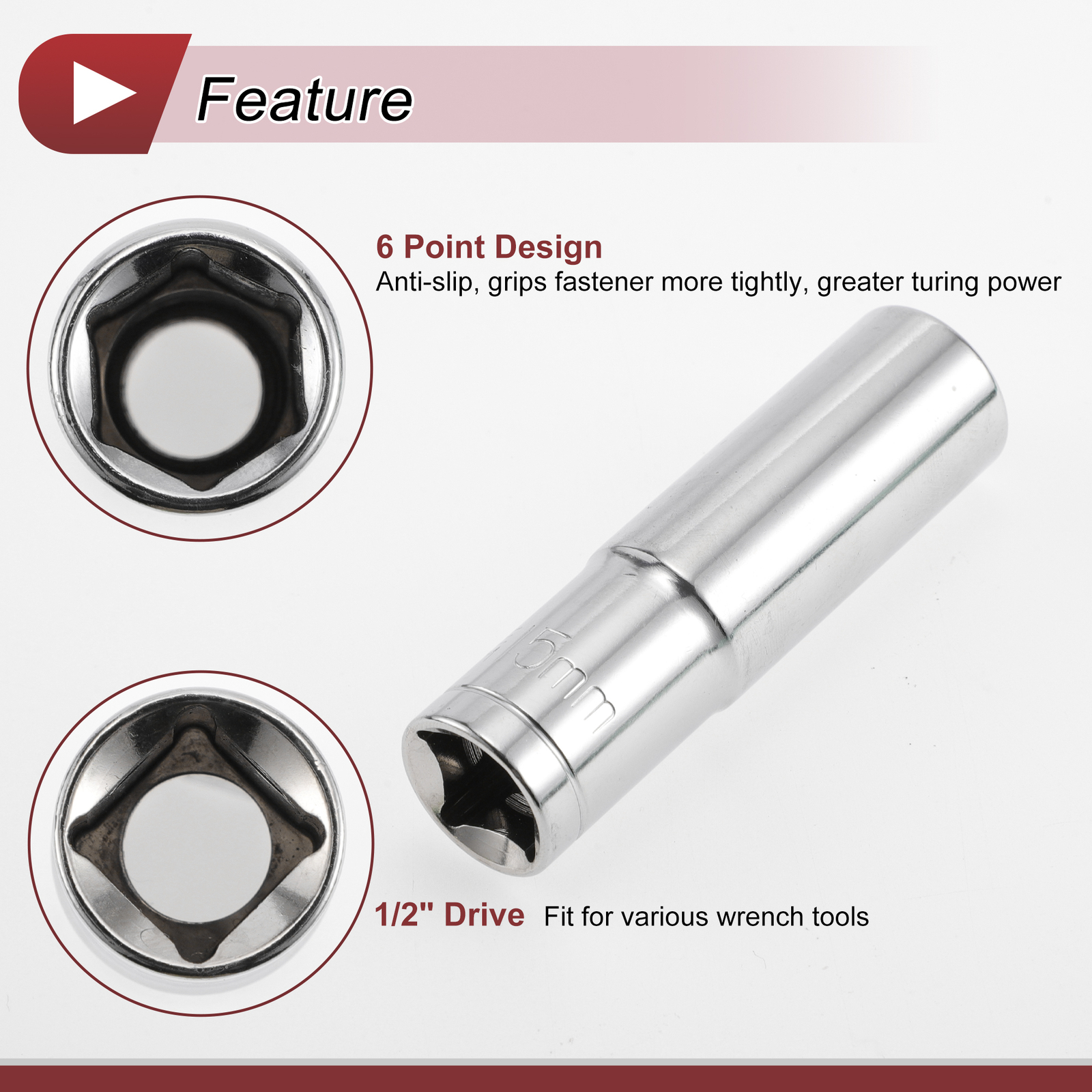 1/2 Inch Drive Impact Socket 15mm 6 Point Chrome Vanadium Steel 1 Pcs 80mm
