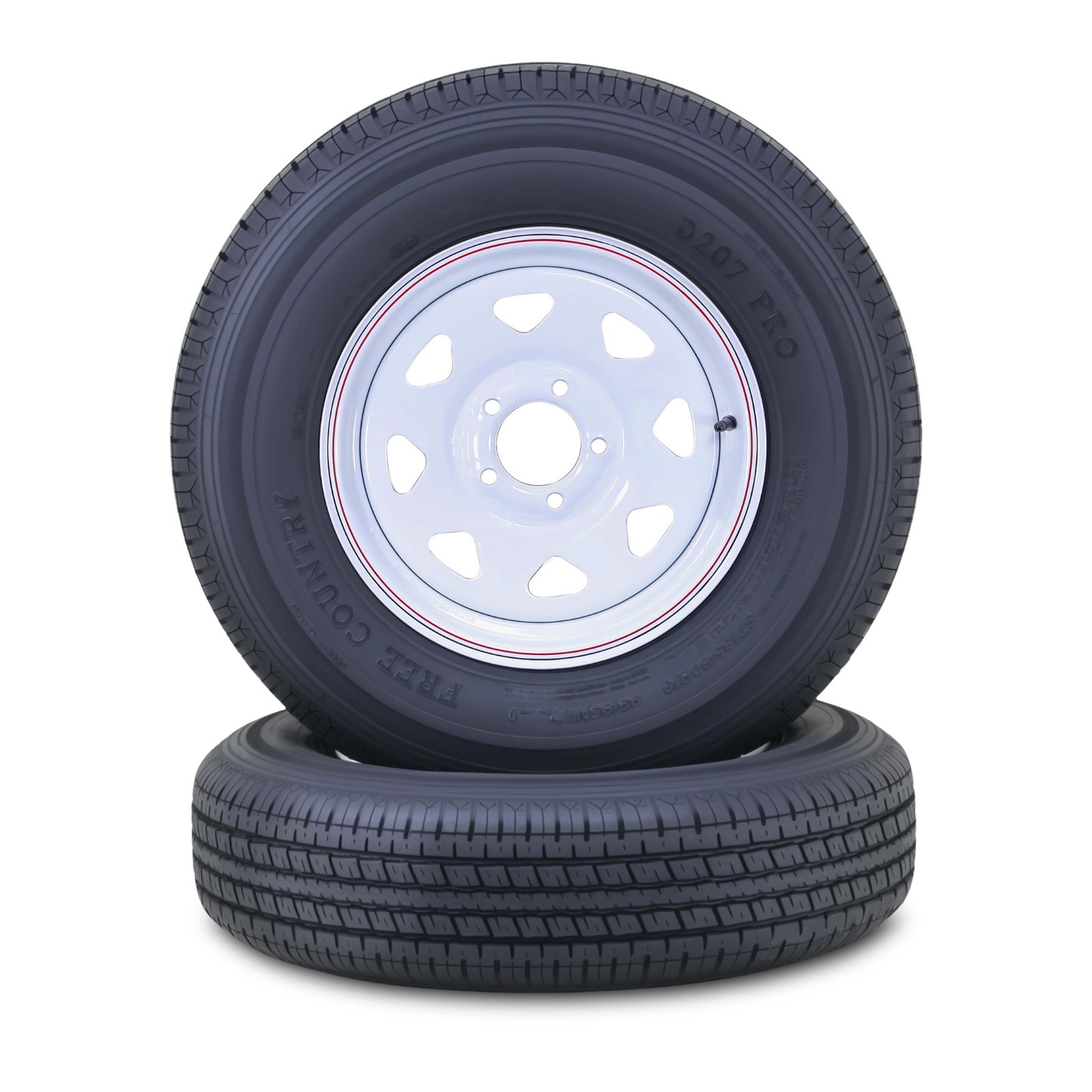 2 FC Trailer Tire Assembly ST185/80R13 8-Ply White Spoke Rim 5 Lug on 4.5″