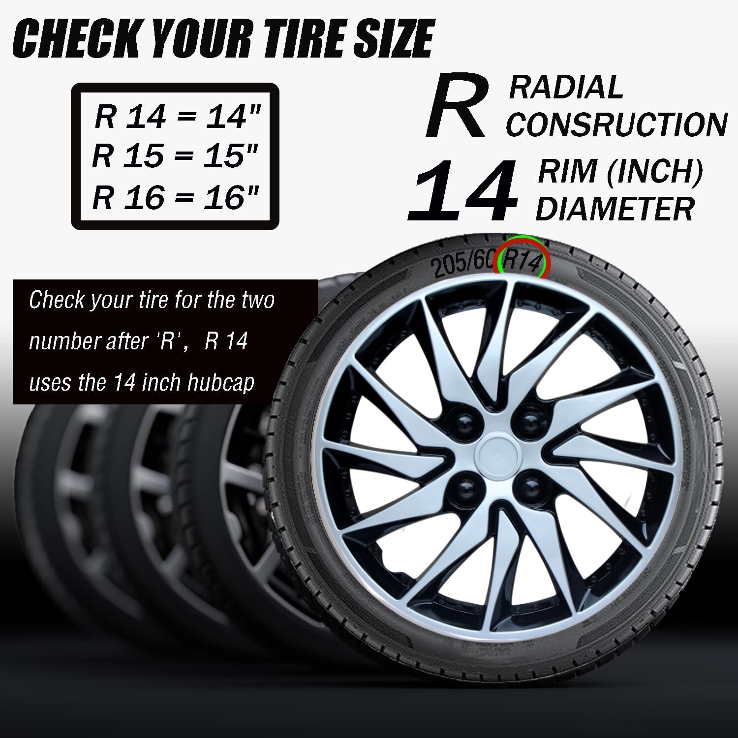 4PC Black and Sivler wheel rim cover for R14 Rim，for 1990-2003 Mazda Protege