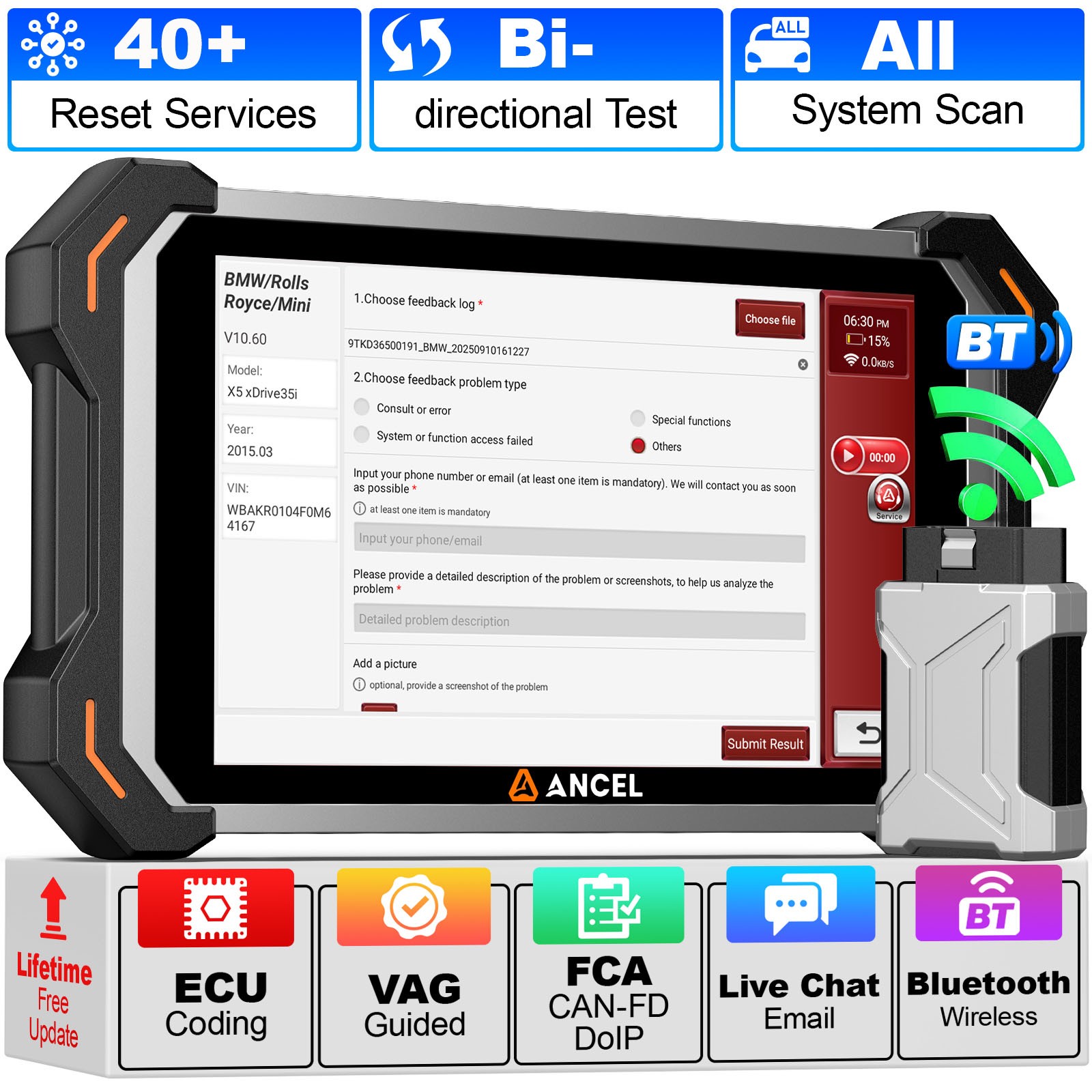 ANCEL DS600BT Wireless Bidirectional OBD2 Tool ABS Bleeding Injector ECU Coding