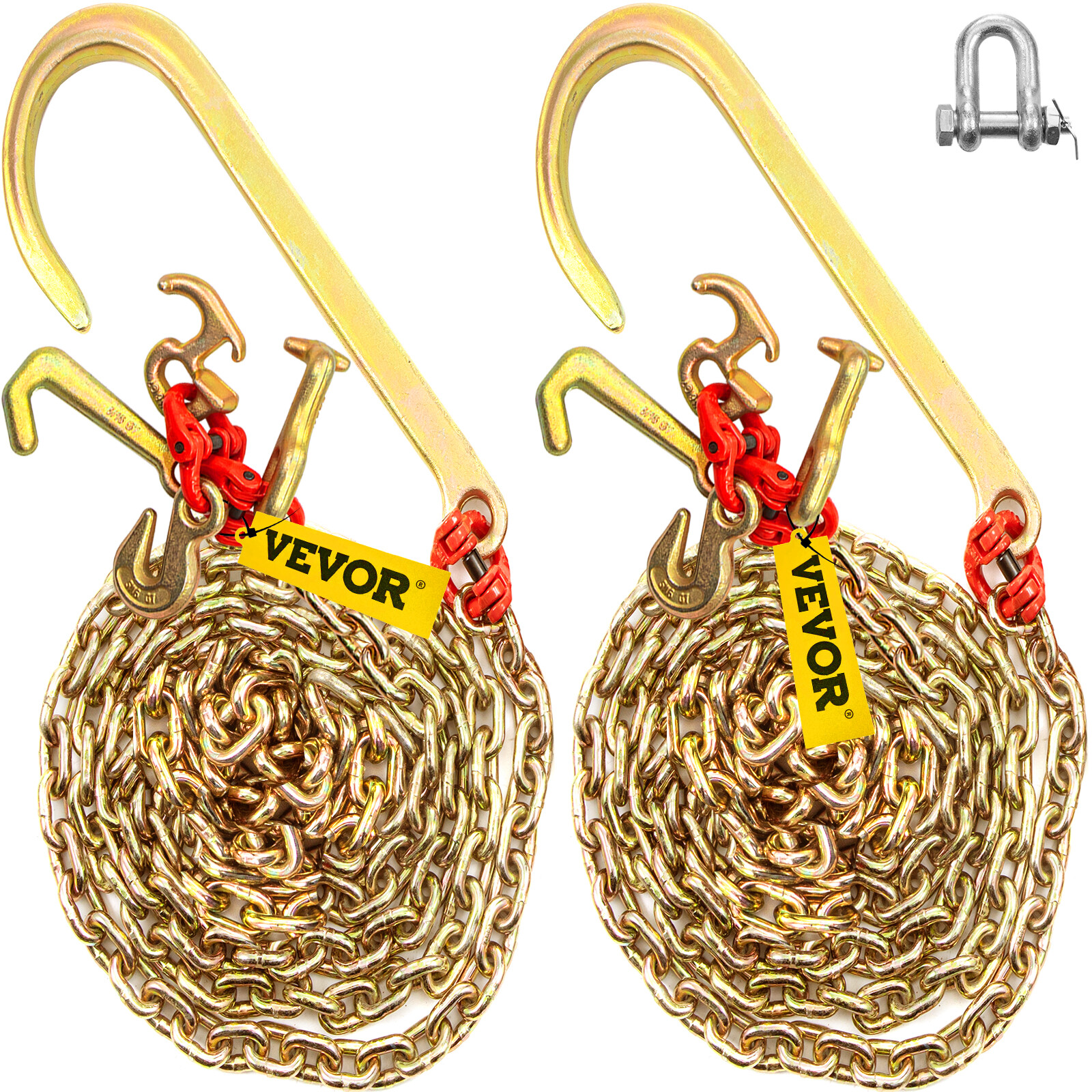 VEVOR 2PCS G80 5/16”x10′ Tow Chain J Hook Long Shank w/ RTJ & Grab Hooks