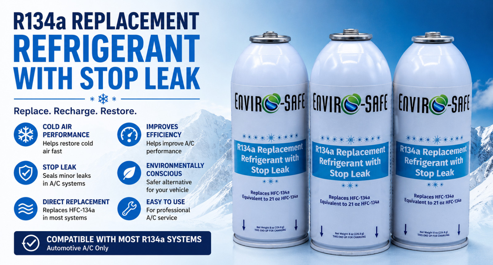 Envirosafe Auto AC R134a Replacement Refrigerant w Stop Leak 3 cans