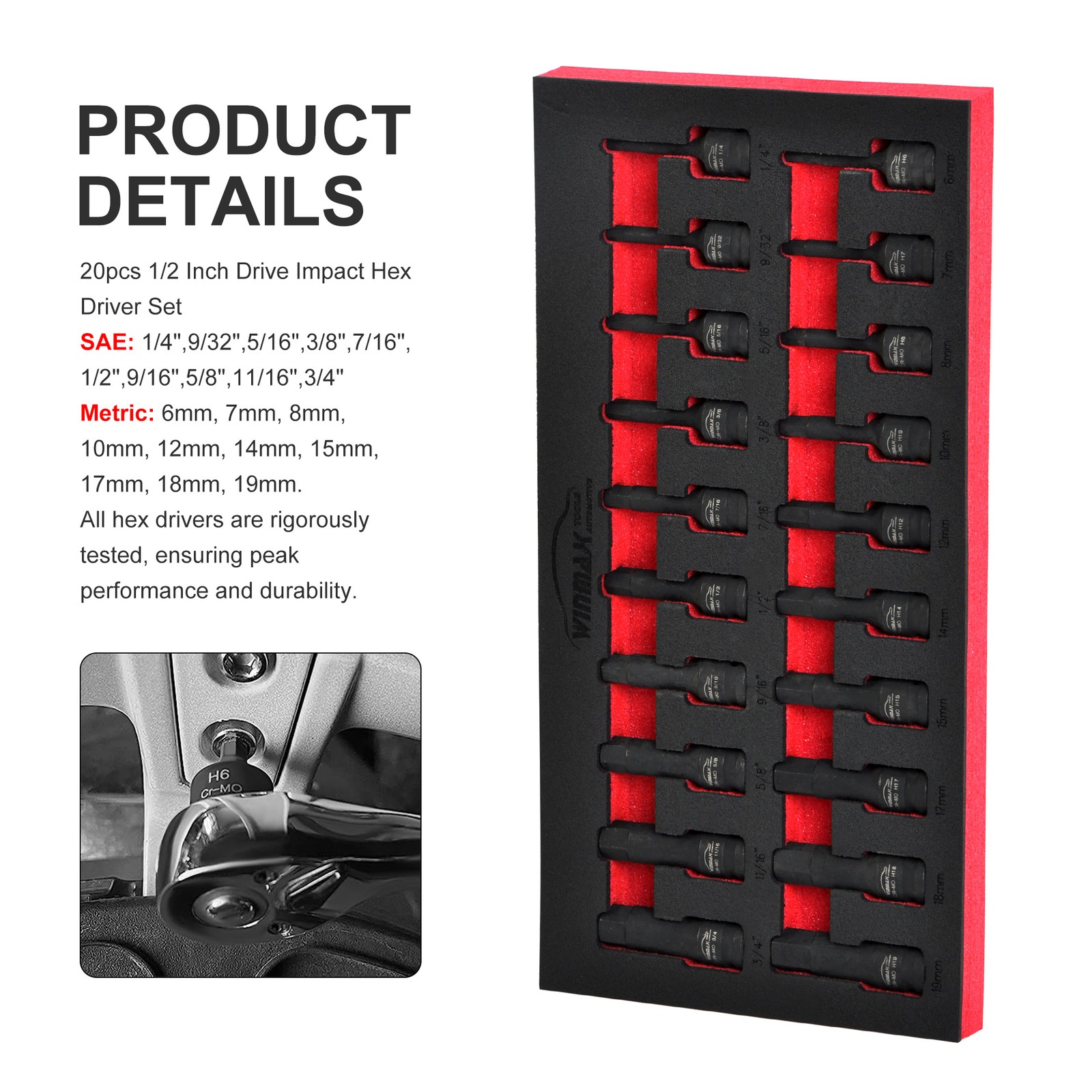 20PC 1/2″ Dr Impact Hex Driver Set SAE/Metric Size Cr-Mo Steel Socket 1/4″- 3/4″