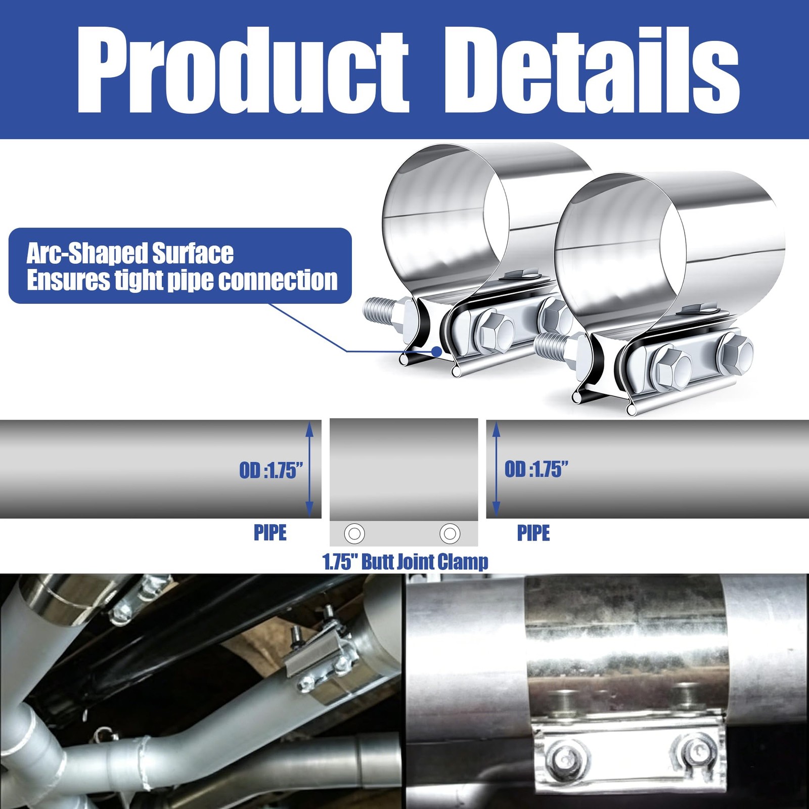Dianrui 2PCS 1.75″ Butt Joint Stainless Steel Clamp Band; 1.75 1.75″, Silver
