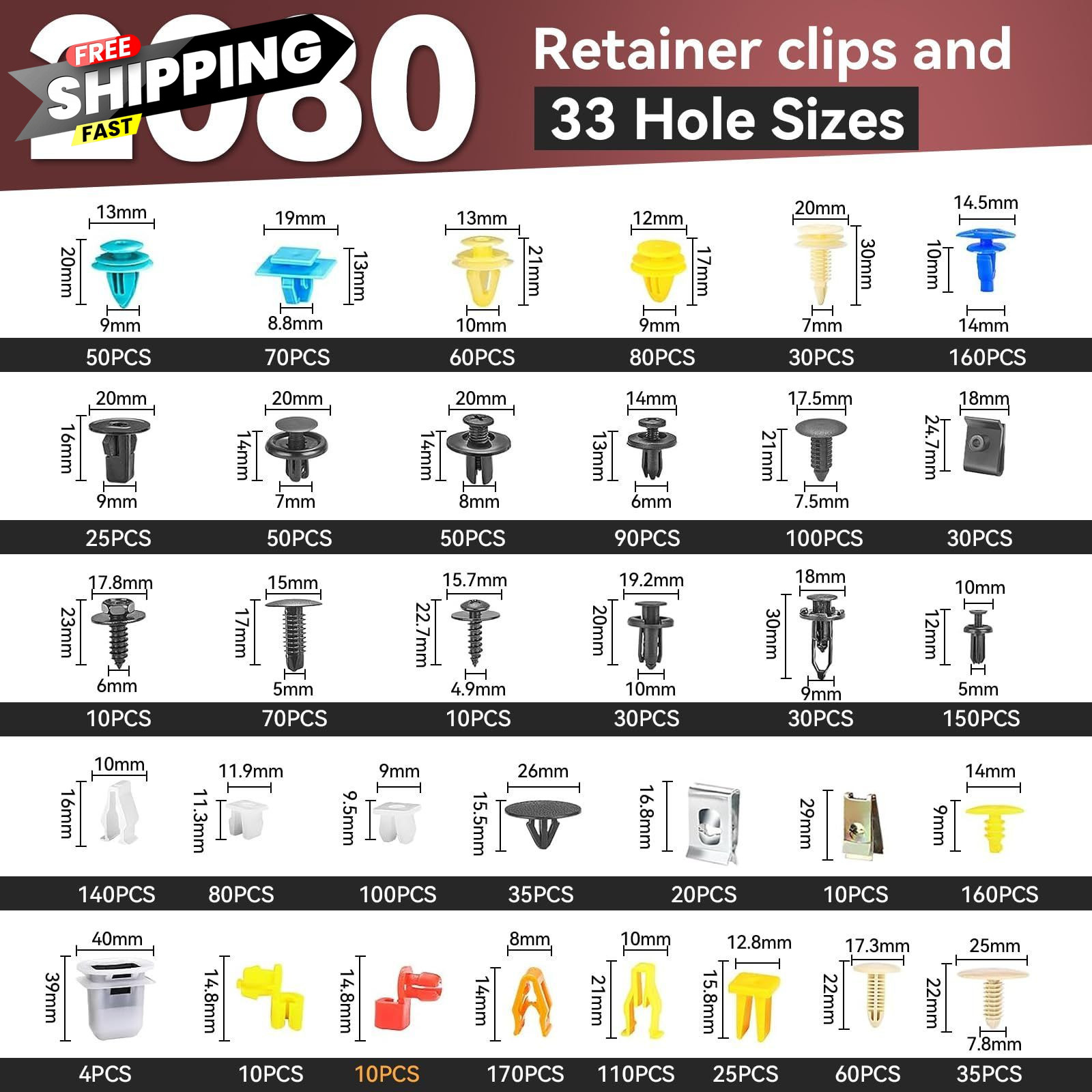 2080Pcs Car Retainer Clips & Fasteners Kit – 33 Universal Sizes Nylon Black