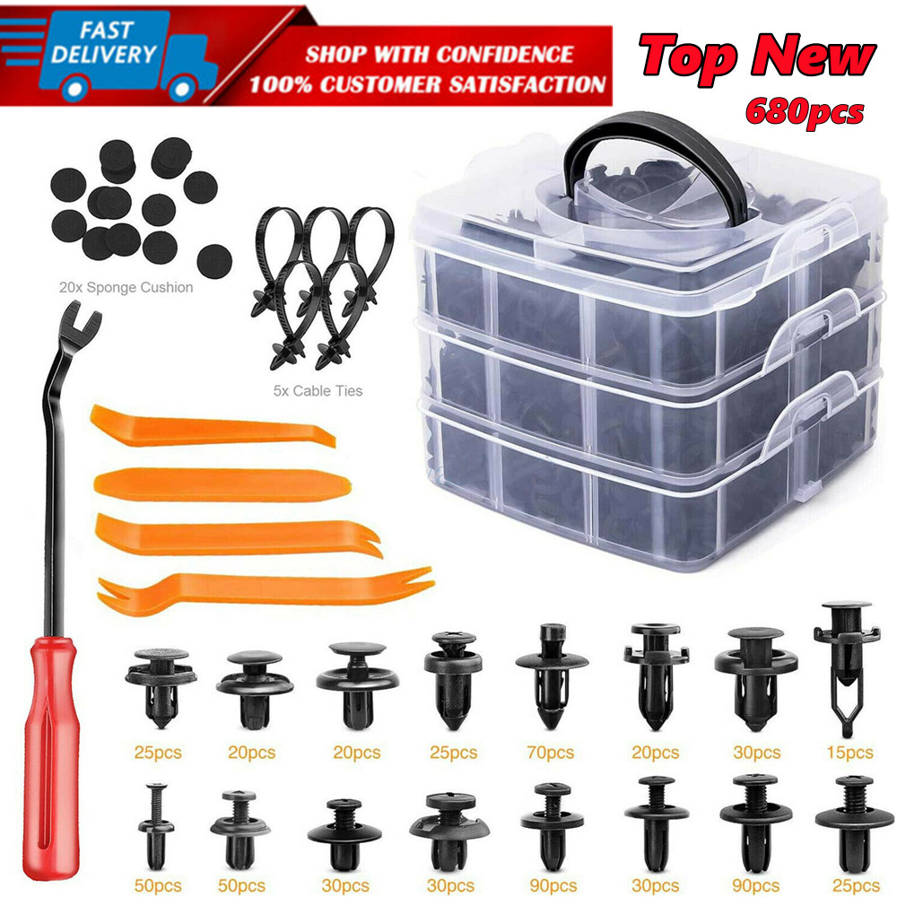 680Pcs Car Retainer Auto Fasteners Push Trim Plastic Clips Pin Rivet Bumper Kit