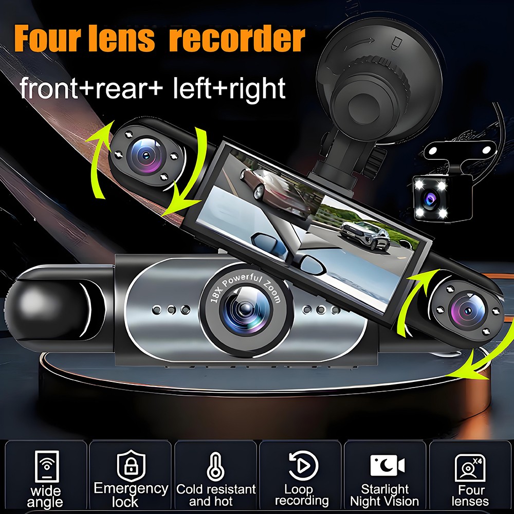360° 4 Channel HD 1080P Car Dash Cam Front and Rear Inside Left Right + Camera