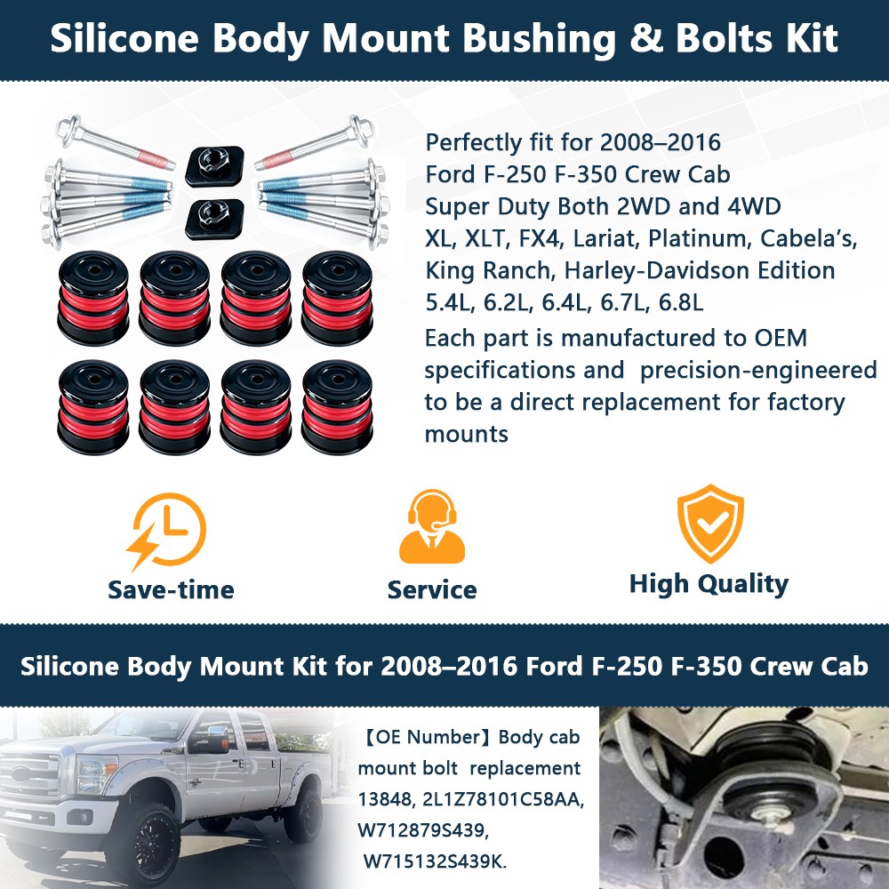 Silicone Body Mount Bushings Bolt Kit For Ford F250 F350 08-16 Crew Cab 2/4WD
