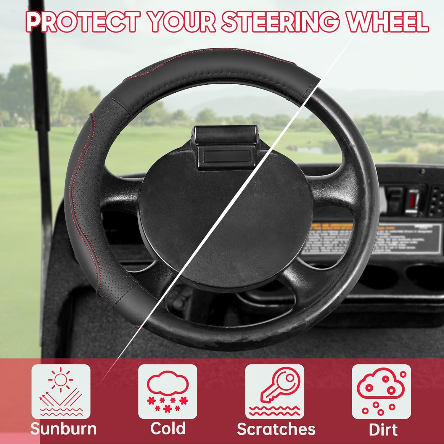 13” Golf Cart Steering Wheel Cover for EZGO TXT RXV, PU Leather, Black+Red