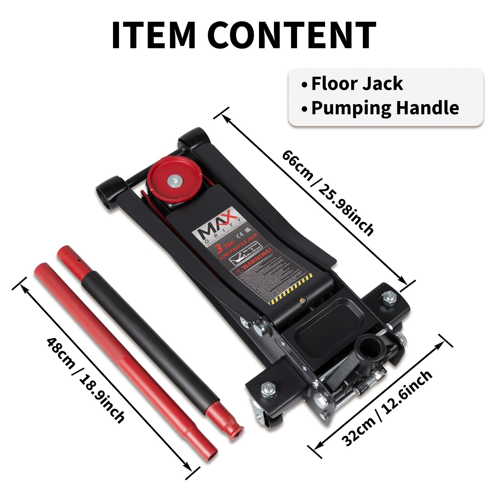 3 Ton Floor Jack Low Profile Rapid Dual Pistons Pump 2.9” To 19.9”, Red