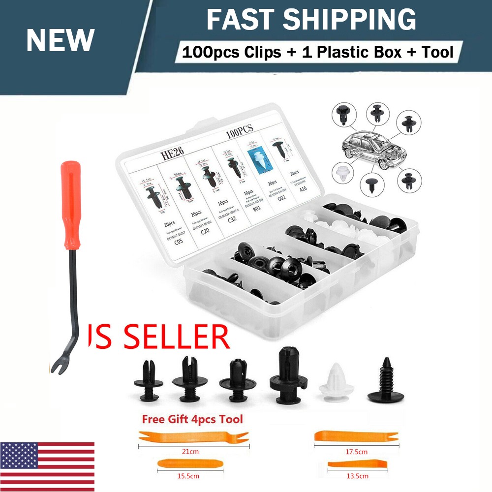 100x 6size Car Clip Push Pin Rivet Bumper Door Panel Retainer Fastener 5Tool Kit