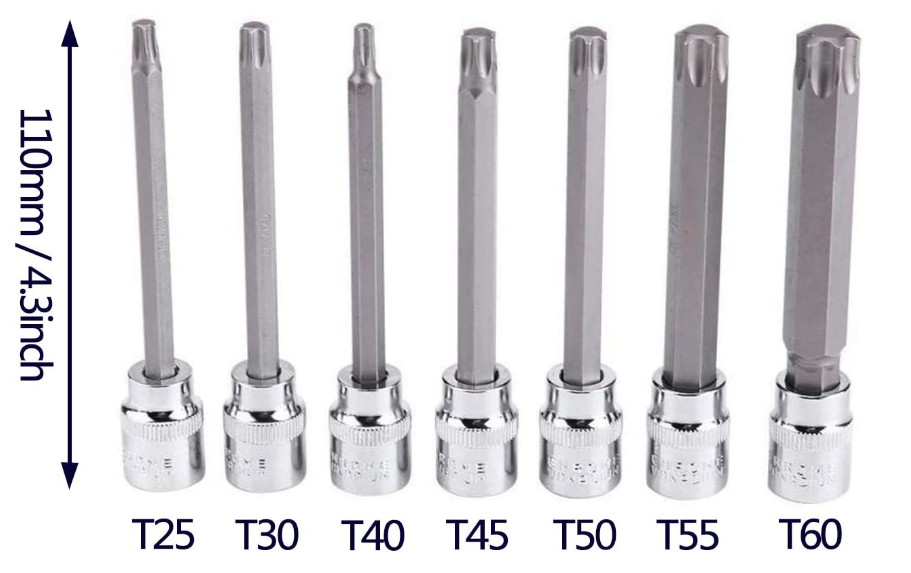 Extra Long Vanadium Torx Star Bit Socket Chrome Polished Hex Drive 110 mm 7 Pack