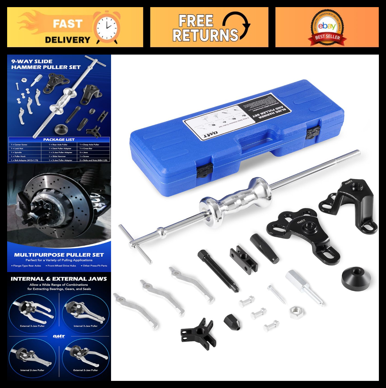 9-Way Slide Hammer Puller Set – Front Wheel Hub Bearing Remover & Axle Tool Kit