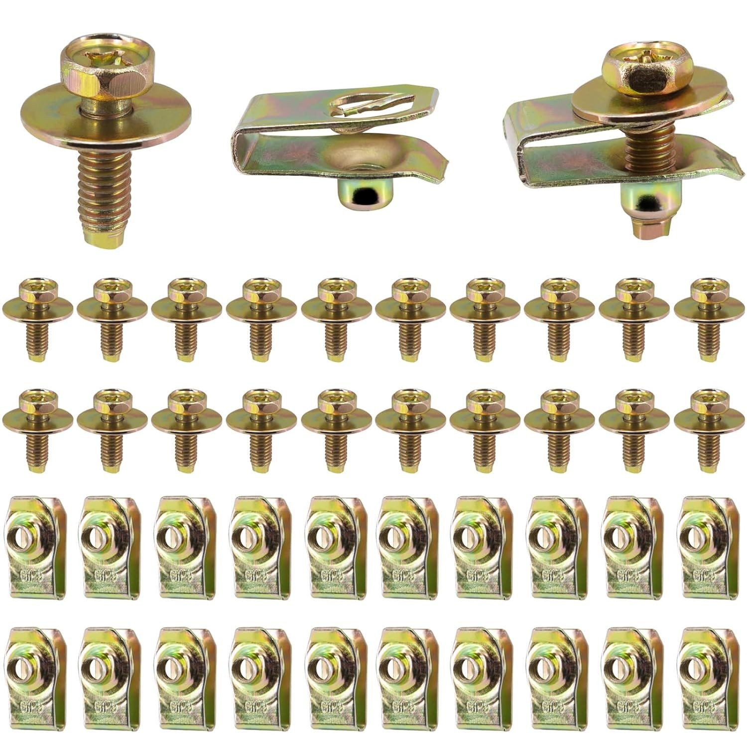 20x Body Bolts M6-1.0 x 20mm Long – 10mm Hex – 17mm Washer – 20x U-Nuts Clips…