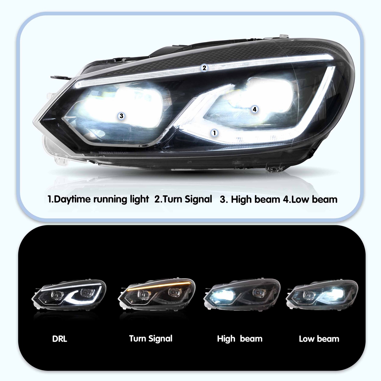 Pair Headlights For VW Golf MK6 2010-2014 LED DRL Blue Sweep Animation Assembly