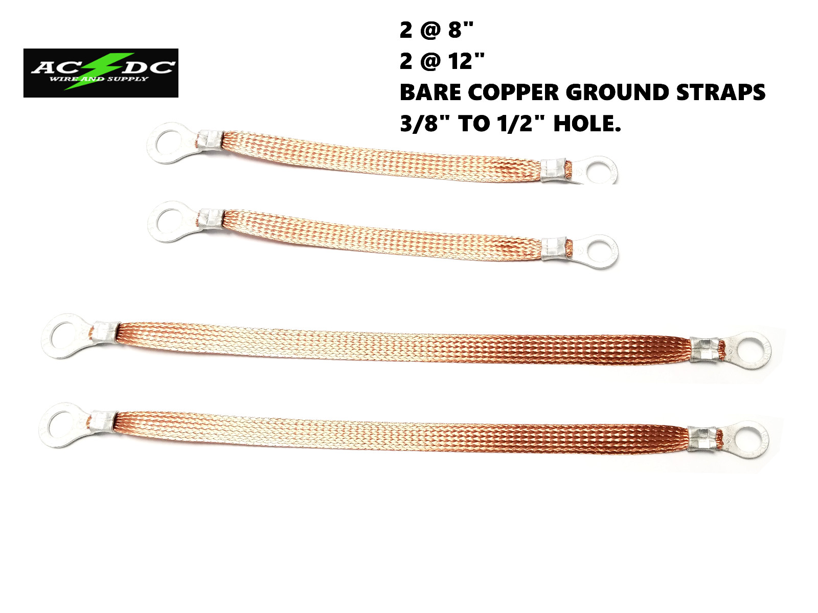 4-Pack. Universal 8″+12″ Inch BARE Copper Ground Straps. Made in USA (Bonding)