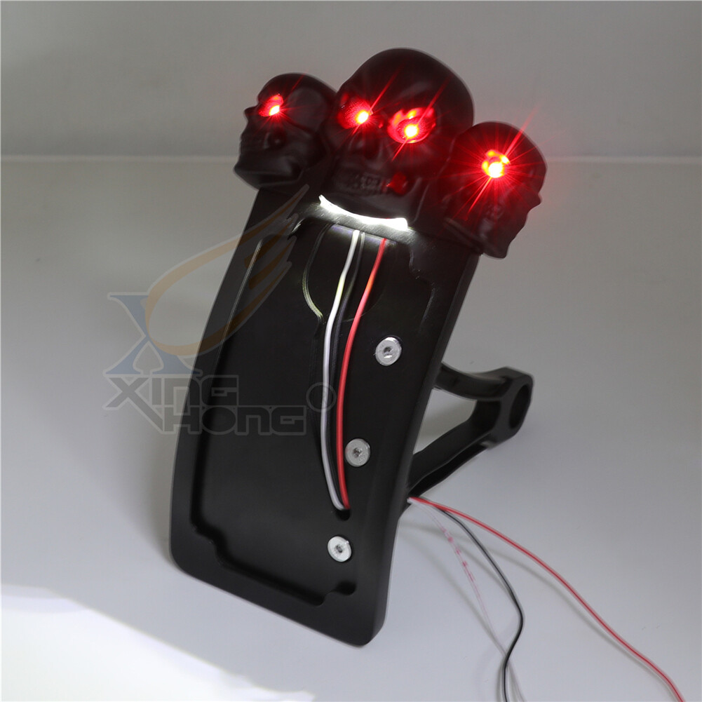 SKULL RED LED Tail Light 7/8 1 Axle Curve Side Mount License Plate Bracket Black